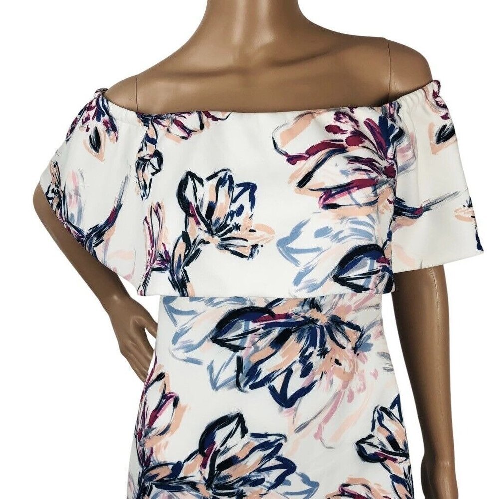 Badgley Mischka Floral Off Shoulder Formal Evening Dress Layered Sheath Mini 4 - Picture 4 of 9